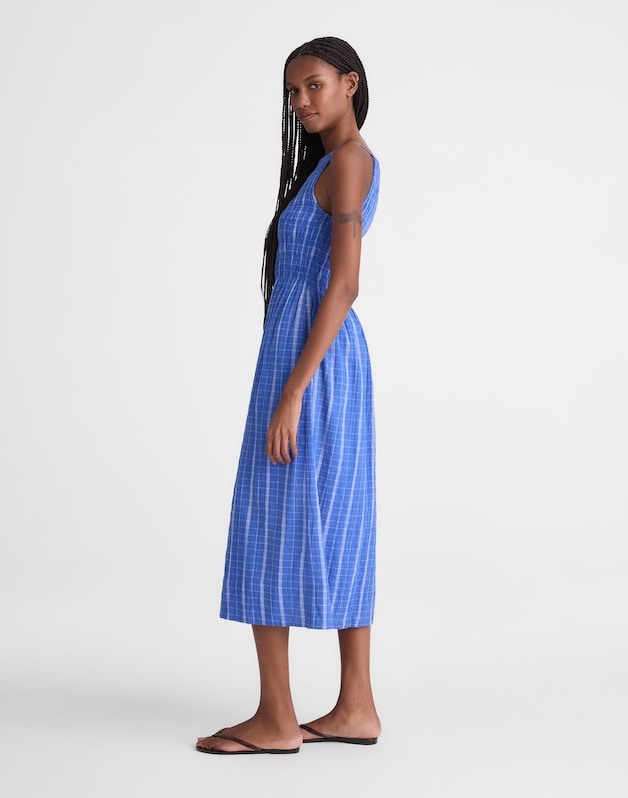 Smocked High-Neck Midi Dress in Plaid RETRO BLUE