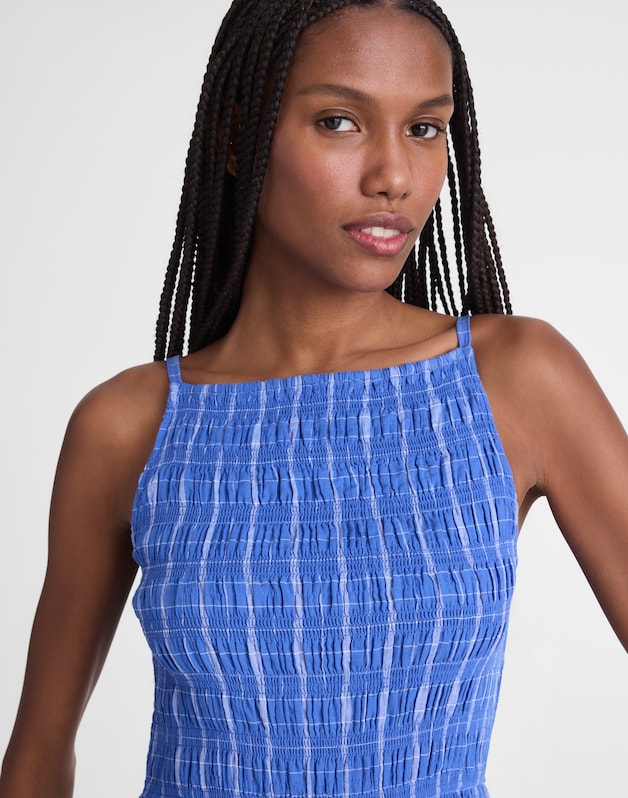 Smocked High-Neck Midi Dress in Plaid RETRO BLUE