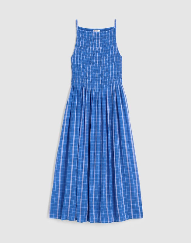 Smocked High-Neck Midi Dress in Plaid RETRO BLUE