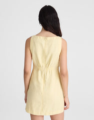 Boatneck Shirred Mini Dress in 100% Linen CANDLELIGHT