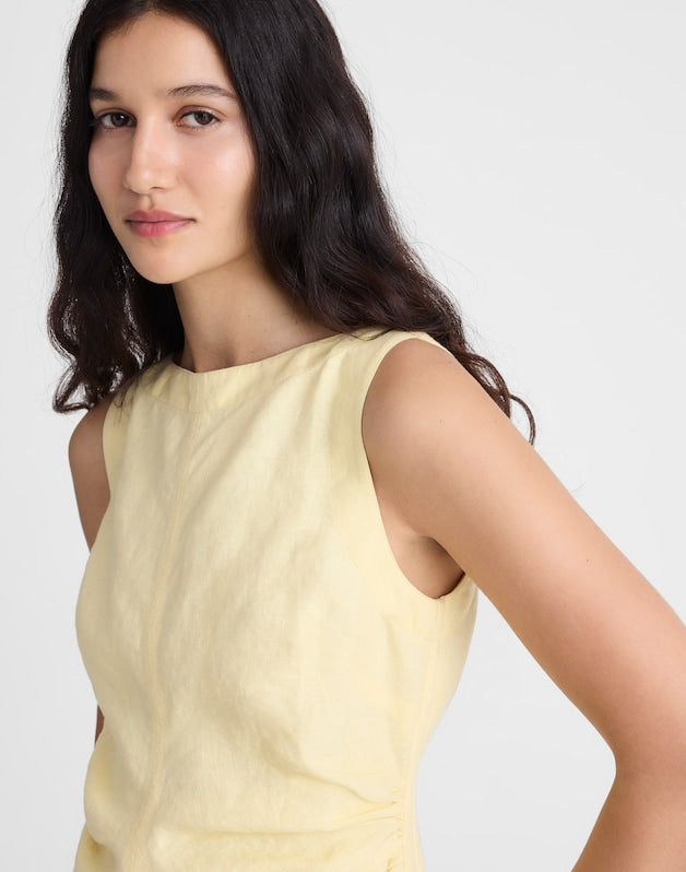 Boatneck Shirred Mini Dress in 100% Linen CANDLELIGHT