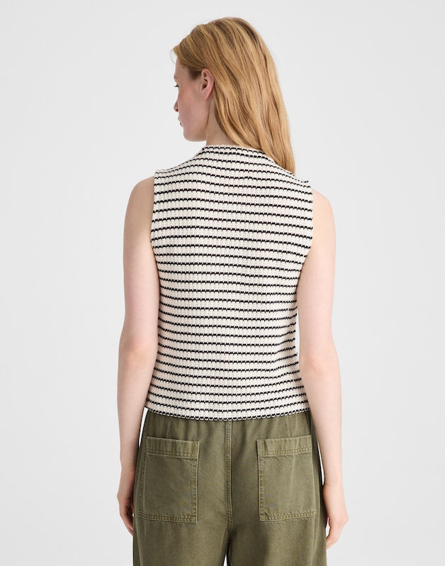 Textured-Knit  Button-Front Shell Top IVORY AND BLACK TUCK STITCH