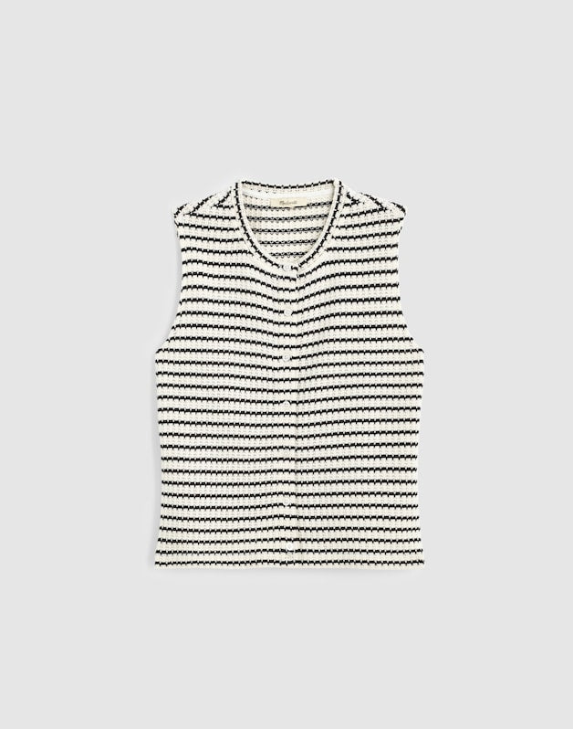 Textured-Knit  Button-Front Shell Top IVORY AND BLACK TUCK STITCH