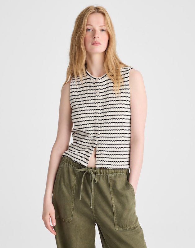 Textured-Knit  Button-Front Shell Top IVORY AND BLACK TUCK STITCH