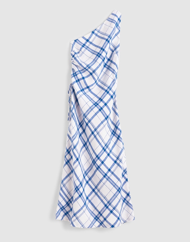Ruched One-Shoulder Midi Dress OVERSIZED BLUE WHITE PLAID