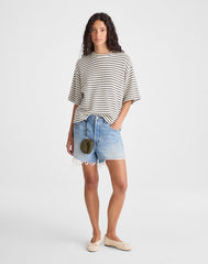 The Boxy Crop Tee in Textured Knit IVORY AND BLACK TUCK STITCH