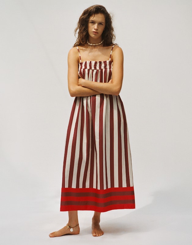 Ruffle A-Line Midi Dress in Stripe DUSTY MERLOT