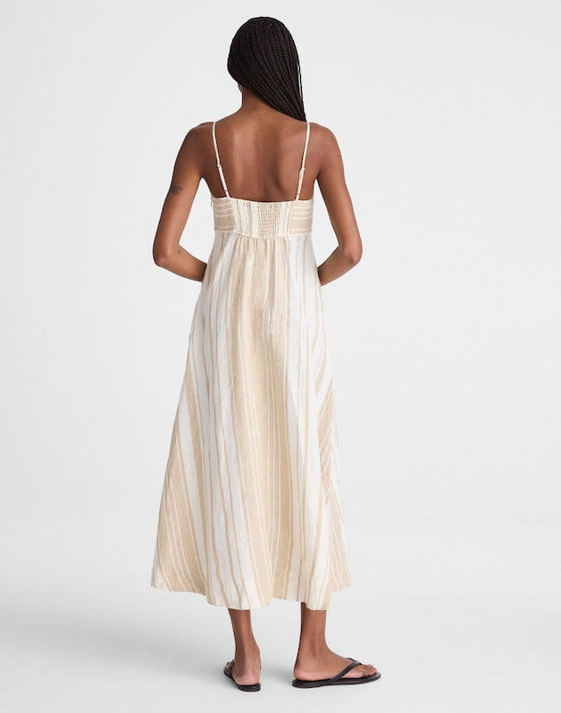 Empire-Waist Midi Dress in 100% Linen KHAKI WHITE STRIPE