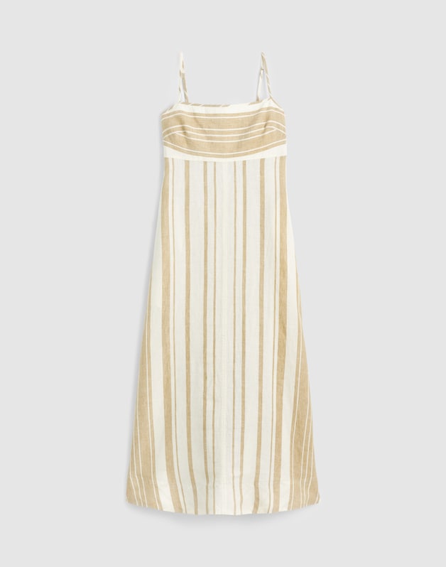 Empire-Waist Midi Dress in 100% Linen KHAKI WHITE STRIPE