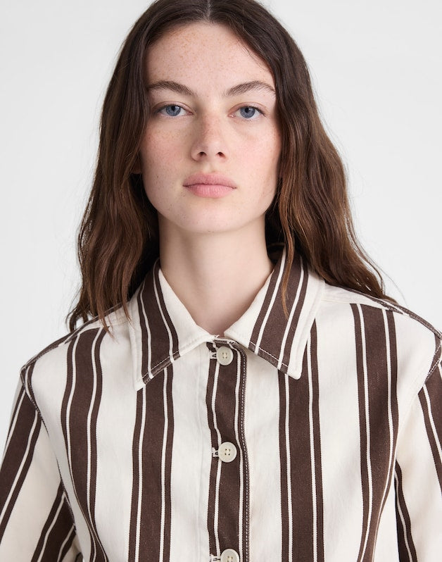 Cropped Button-Front Jacket DARK BROWN STRIPE