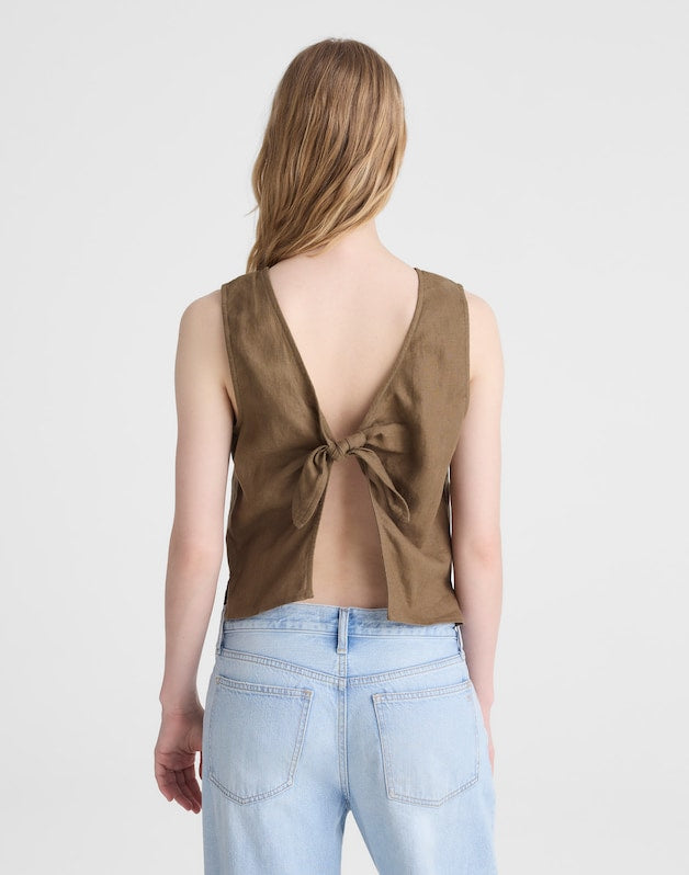 Tie-Back Shell Top in 100% Linen SAFARI KHAKI