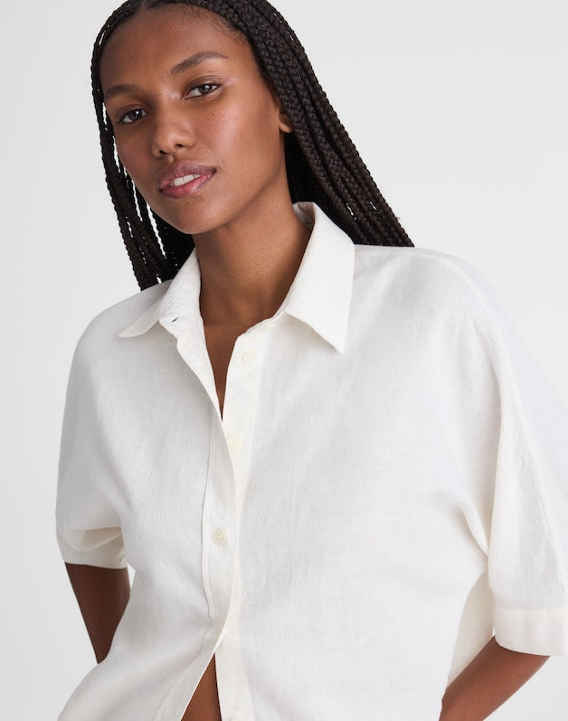 Relaxed Pleat-Sleeve Button-Up Shirt in Cotton-Linen Blend IVORY LINEN