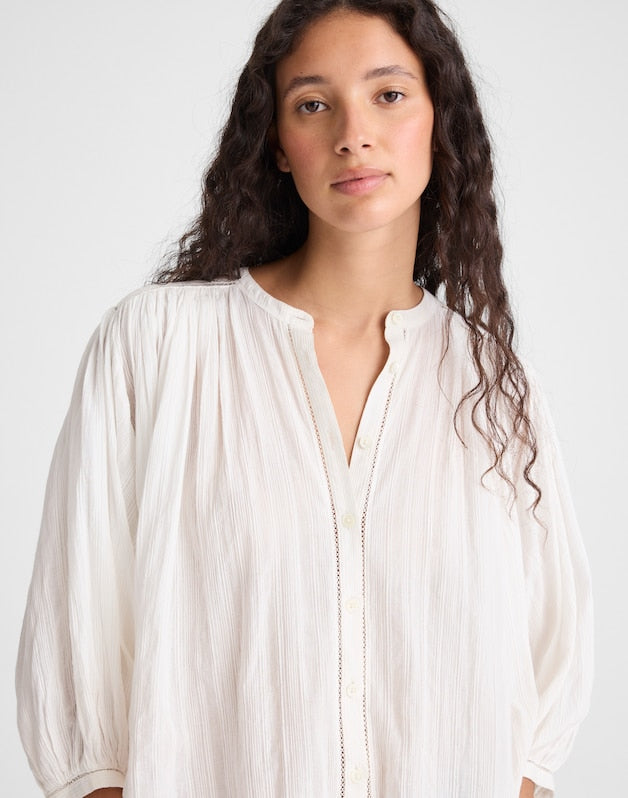 Shirred Button-Up Blouse WHITE