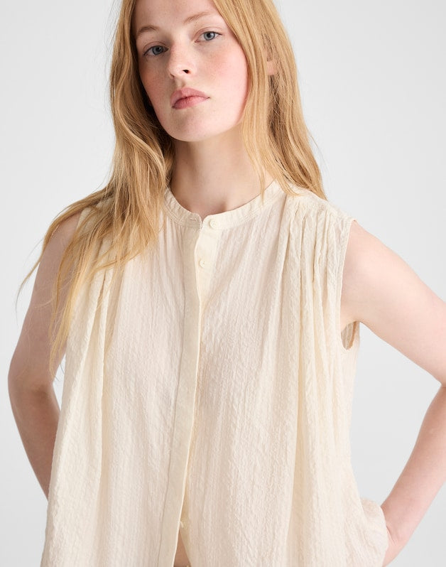 Shirred Button-Up Sleeveless Blouse NATURAL SEERSUCKER