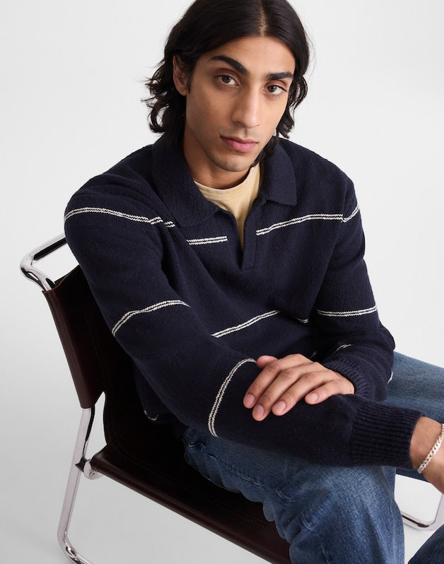 Johnny-Collar Sweater Polo in Textured Cotton DARK NAVY