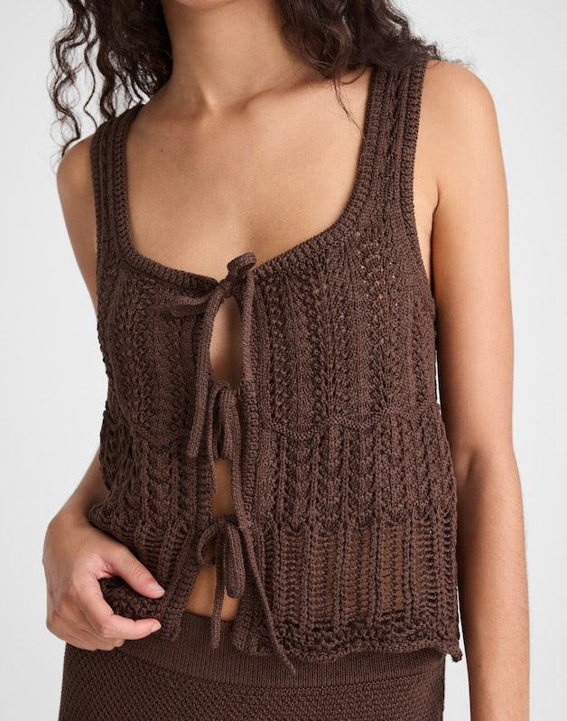 Pointelle-Stitch Tie-Front Sweater Tank in 100% Cotton DARK BROWN