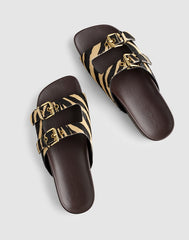 The Cambrea Double-Buckle Sandal in Zebra-Print Calf Hair ESPRESSO BEAN MULTI